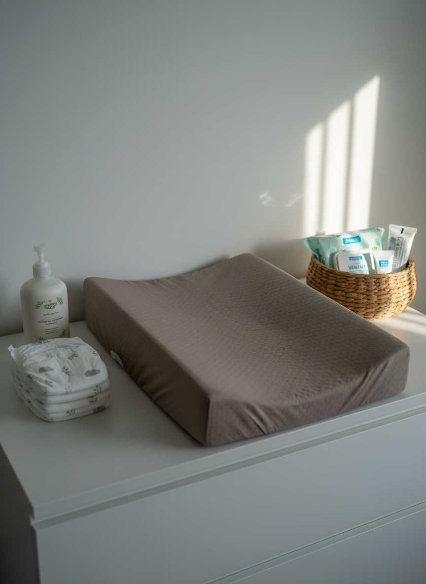 A close-up, slightly angled shot of a deluxe diaper changing station arranged on a matte white dresser top, featuring a contoured foam changing pad with a textured, waterproof taupe cover, a stack of eco-friendly diapers with subtle patterns, a matte glass pump bottle of fragrance-free lotion, and a small woven seagrass basket organizing wipes and creams. Cool, diffused morning light falls from the right, creating gentle reflections on the glass and soft shadows under the basket. The composition is clean and balanced, with the changing pad leading the eye diagonally across the frame. The mood is orderly, hygienic, and calm, emphasizing practical yet stylish baby care essentials in a modern, photographic style.