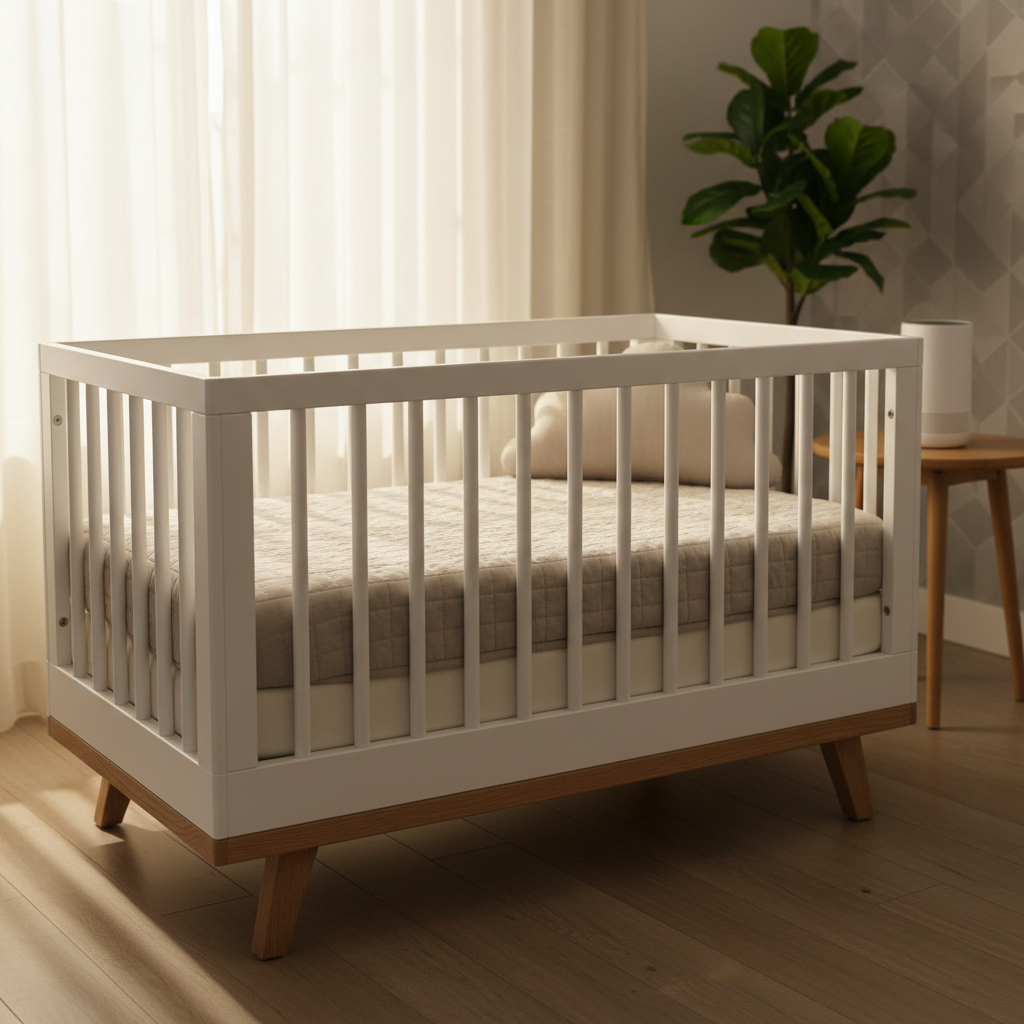 An elegant nursery corner vignette showcasing a modern white crib with clean lines and a natural oak base, styled with a quilted organic cotton mattress protector and a pale taupe fitted sheet. A plush, cloud-shaped, hypoallergenic pillow rests near the crib’s edge, and a sleek white noise machine sits on a slim, light-wood side table. Soft afternoon light filters through sheer ivory curtains, casting a warm glow and gentle shadows across the scene. Shot at eye level with a shallow depth of field, the crib rail in crisp focus and the background subtly blurred. The atmosphere is serene, organized, and sophisticated, highlighting thoughtfully chosen baby sleep products in photographic realism.