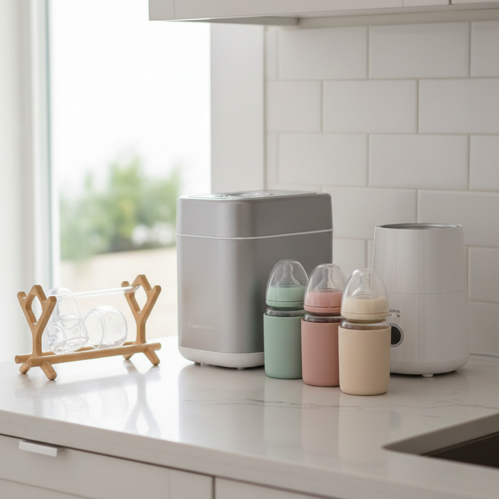 A polished kitchen countertop scene featuring a curated lineup of baby feeding products: a compact, stainless-steel bottle sterilizer with a soft matte finish, three graduated glass baby bottles with silicone sleeves in muted pastel tones, a sleek electric bottle warmer, and a small bamboo drying rack shaped like delicate branches. Positioned on a pale quartz countertop beside a subtle subway-tile backsplash, the items are arranged in a graceful arc. Bright but diffused natural daylight from an unseen window illuminates the scene, creating faint reflections on the countertop and a gentle bokeh effect in the background. Photographed from a slightly elevated angle, the image feels clean, clinical yet warm, and highly organized, aligning with a sophisticated, photographic realism aesthetic for baby feeding guidance.