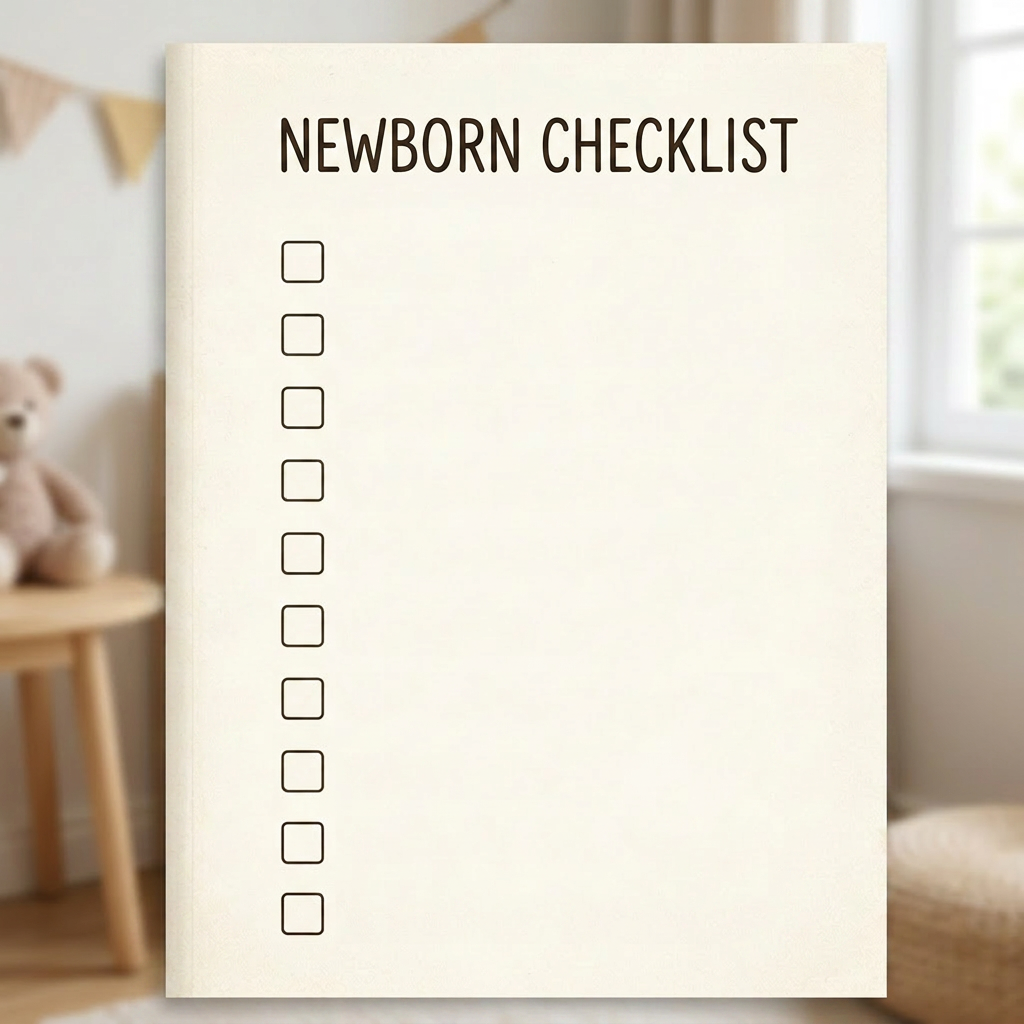 Checklist listing 10 essential newborn items with illustrations and check marks
